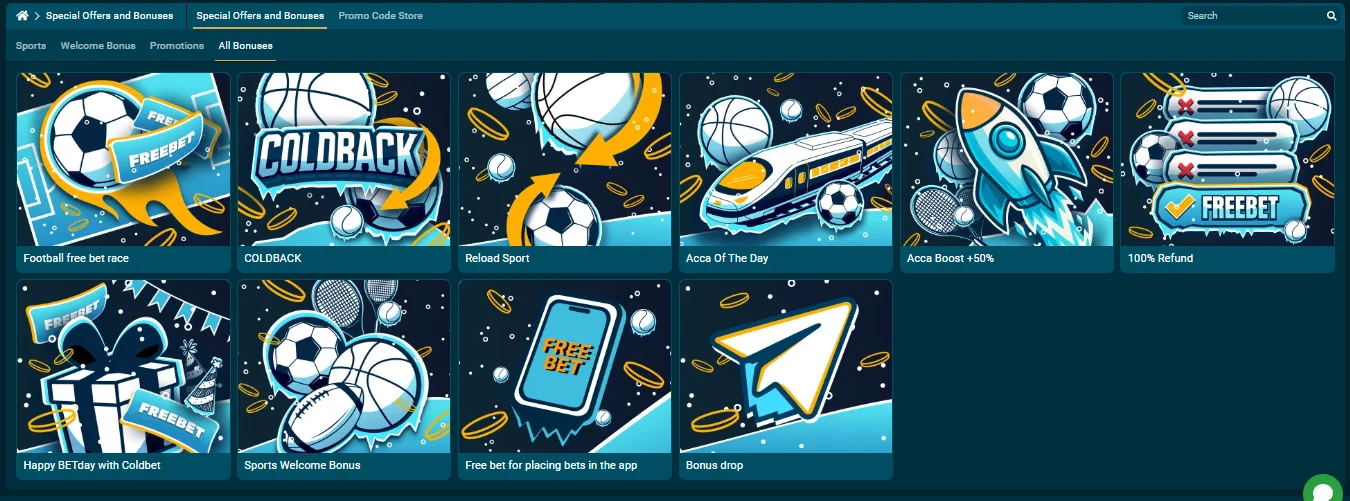 Coldbet promotions page with casino and sports bonus offers