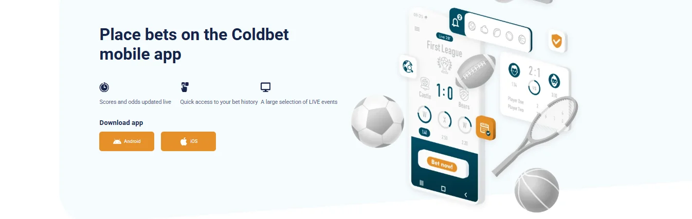 Coldbet mobile app download page with Android and iOS buttons