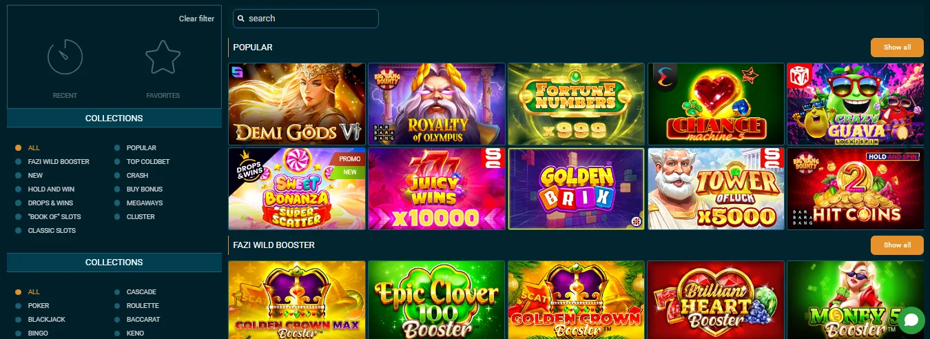 Coldbet casino game library showing popular slots and category filters