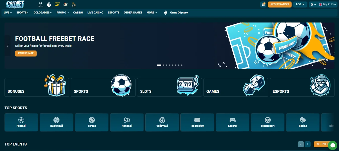 Coldbet desktop homepage with sports categories and navigation