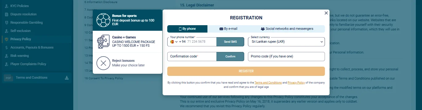 Coldbet registration form with phone verification, currency selection, and bonus choice